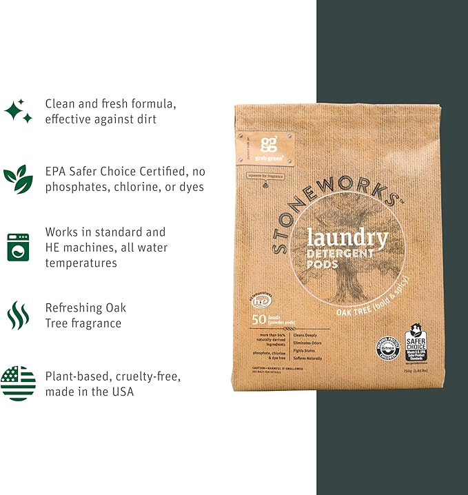 Grab Green Stoneworks Laundry Detergent Pods Sample Kit, 10 Count, Birch Branch, Fragrance Free Rain, Oak Tree, Olive Leaf, Rose Petal Scents, Plant a