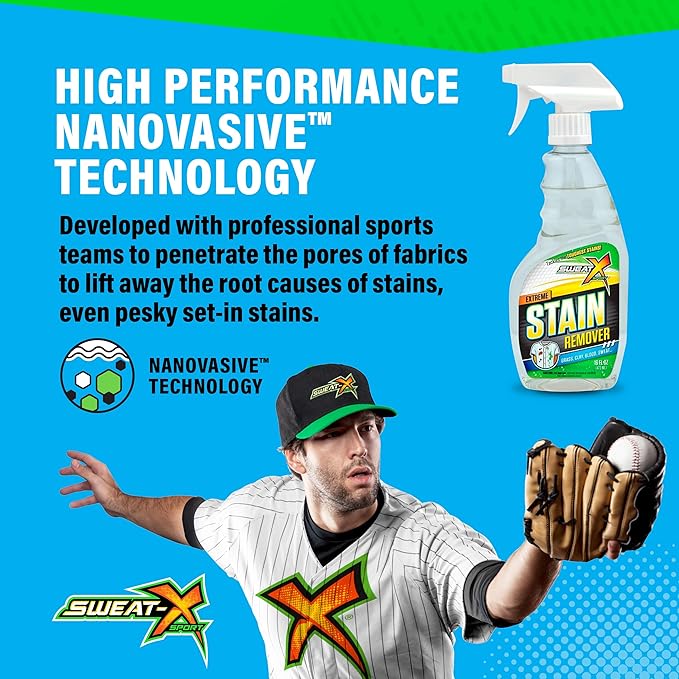 Sweat X Extreme Stain Remover – Multi-Purpose Nontoxic Stain Spray – Advanced Stain Removal for Sport and Activewear – Safe for All Fabrics – Tested Formula with Proven Results – 16 Fl Oz