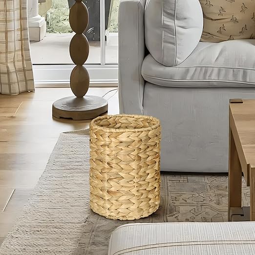 Boho Wicker Trash Can with Lid,Bathroom Trash Can with Trash Bags Hand Woven Water Hyacinth Trash Basket for Kitchen Bedroom Office