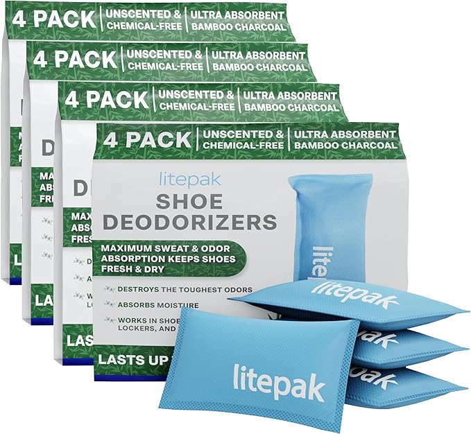 Litepak Shoe Deodorizer and Odor Eliminator Activated Charcoal Odor Absorber for Shoes and Gym Bags, Natural Bamboo Air Freshener for Boots, Closet Or Car (16 Pack)