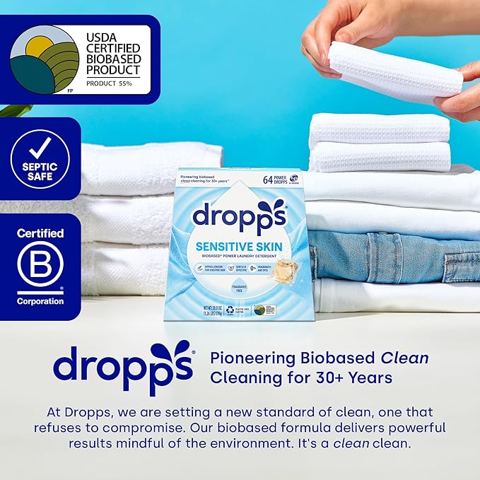 Dropps Sensitive Skin Laundry Detergent Pods, Unscented (36 Count) - Dermatologist Tested Laundry Pods - HE Compatible Laundry Supplies for Clean Clothes, Vegan & Dye-Free
