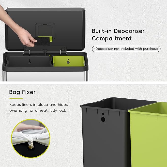 EKO EcoCasa II 36L+24L Dual Trash Can with Recycle Bin, Stainless Steel Garbage Can with Lid, Deodorizer Compartment, Odor-Proof and Fingerprint Resistant