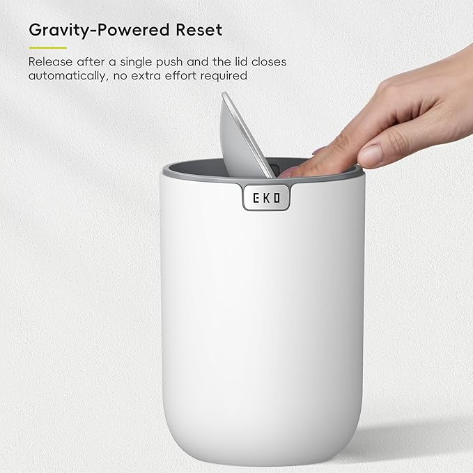 EKO Fandy 0.58 Gal/2.2L Mini Trash Can with Lid, Swing-Top Desktop Trash Can for Bathroom, Countertop, Vanity, Desk or Office, Small Garbage Bin (White)