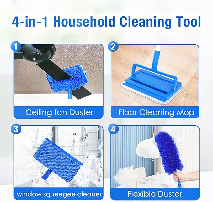 Ceiling Fan Cleaner Duster with 72" Extension Pole & 4 Reusable Pads, High Ceiling Fan Blade Cleaning Tool, Flexible Microfiber Duster for Baseboard,Blinds,Cobwebs,Floor, -Lightweight & Washable