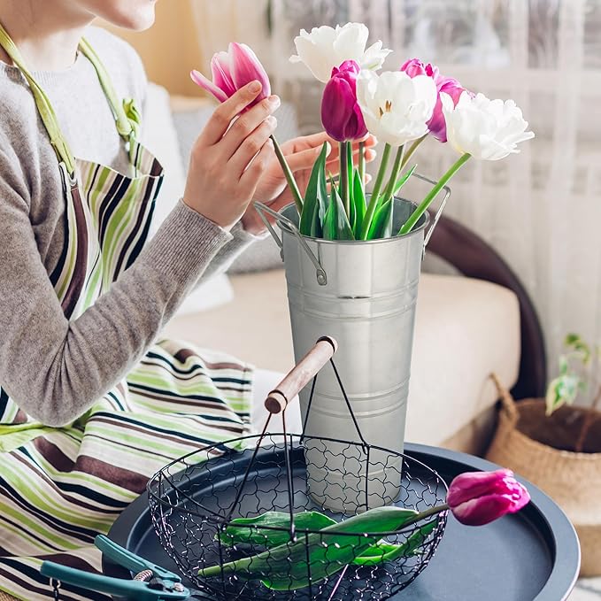 12 Pack 9" Tall Galvanized Metal Flower Vase, French Bucket Vases with Handles, Floral Buckets for Outdoor/Indoor, Rustic Tiny Flower Buckets for Home Decor Wedding Table Centerpiece Farmhouse