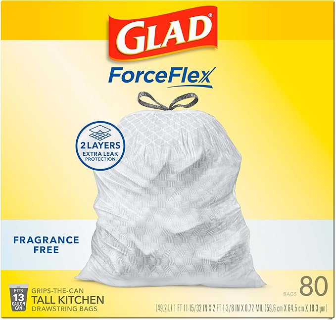 Glad Trash Bags, ForceFlex Tall Kitchen Drawstring Garbage Bags, 13 Gal, Fragrance Free, 80 Ct, Package May Vary| (Pack of 3)