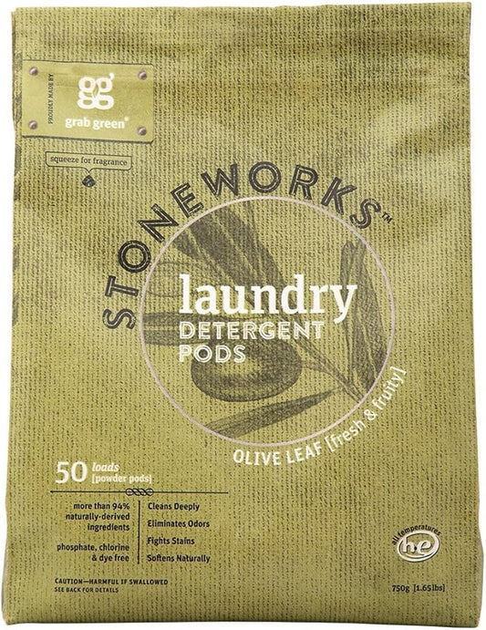 Grab Green Stoneworks Laundry Detergent Pods, Olive Leaf, 50 Count (Pack of 1) Loads-EPA Safer Choice Certified, Powered by Naturally-Derived Plant & Mineral-Based Powder Pods