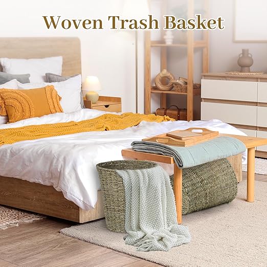 Boho Wicker Trash Can with Lid,Waterproof Bathroom Trash Can Hand Woven Wicker Waste Baskets for Kitchen Office Bedroom