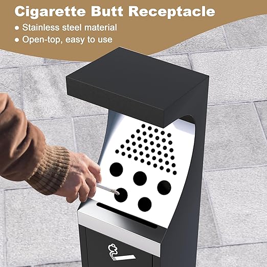 Commercial Trash Receptacle with Lock, Steel Trash Can with Removable Inner Bucket, Standing Garbage Bin for Hotel, Park, Restaurant, Office, Street