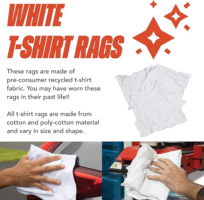 Arkwright Tshirt Box of Rags - 5 lb Box - Low Lint, Streak-Free Multipurpose Professional Cotton Cleaning Cloths for Stain, Paint, Wood, and Grease, White