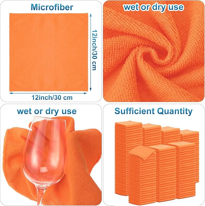 Tenare 100 Pack 12'' x 12'' Microfiber Cleaning Cloths Reusable Cleaning Rags Bulk Microfiber Towels Softer Highly Absorbent Washcloths for House Kitchen Car Window(Orange)