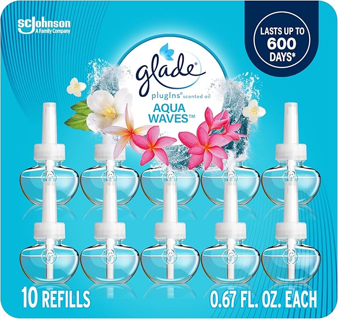 Glade PlugIns Refills Air Freshener, Scented and Essential Oils for Home and Bathroom, Aqua Waves, 6.7 Fl Oz, 10 Count (Packaging May Vary)