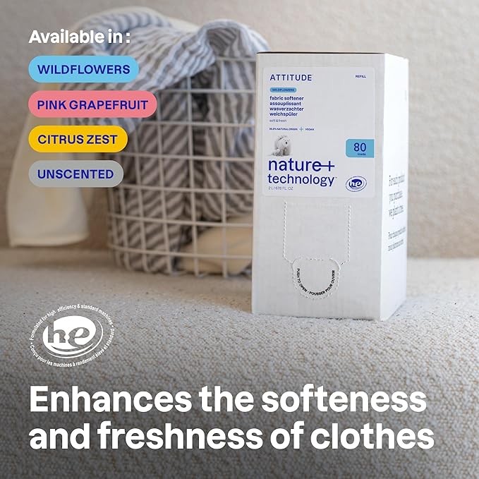 ATTITUDE Liquid Fabric Softener Refill, Plant-Based & Vegan, HE Compatible, Naturally Derived, Citrus Zest Scent, 80 Loads, 67.6 Fl Oz