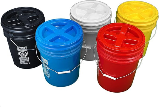Bucket Kit, Five Colored 5 Gallon Buckets with Matching Gamma Seal Lids (one each: blue, red, yellow, white, black)