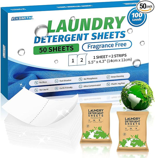 FIXSMITH Laundry Detergent Sheets - 100 Loads (50 Sheets) Fragrance Free - Hypoallergenic,Unscented,Eco Friendly Laundry Detergent Strips Concentrated Travel Detergent Sheets.Plastic-Free,Liquidless