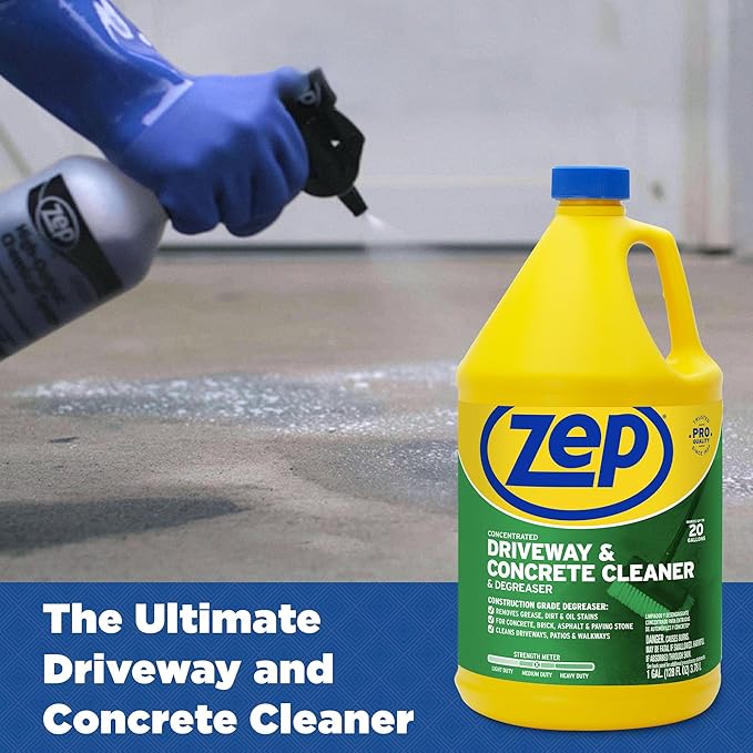 Zep Driveway, Masonry and Concrete Cleaner and Degreaser Concentrate - 1 Gallon (Case of 4) ZUCON128 - Construction Grade Degreaser Removes Grease, Dirt, and Oil Stains on Concrete, Brick, Asphalt,