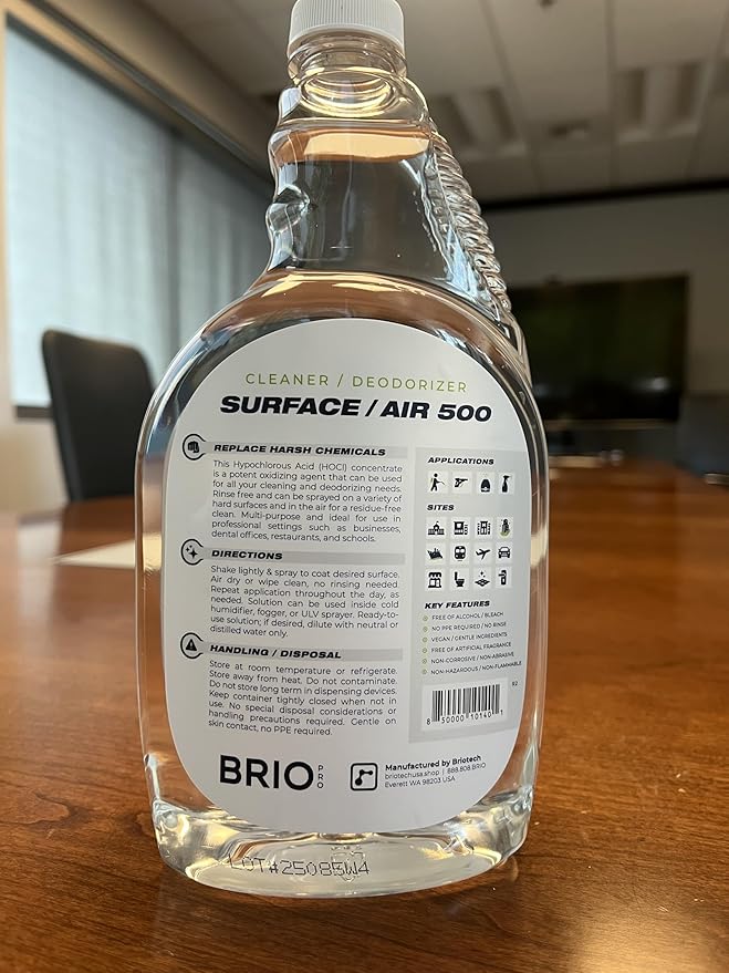 BRIOTECH Extra Strength HOCl Cleaner, 500 PPM Hypochlorous Acid Concentrate, ULV Foggers & Humidifiers, Professional Deodorizer for Dental, Offices, Schools, Homes, Peroxide Free, 32 fl oz (4 Pack)