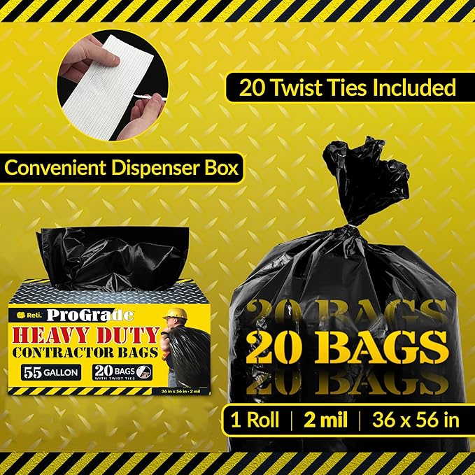 Reli. Contractor Garbage Bags 55 Gallon | 20 Trash Bags | Heavy Duty | Black Contractor