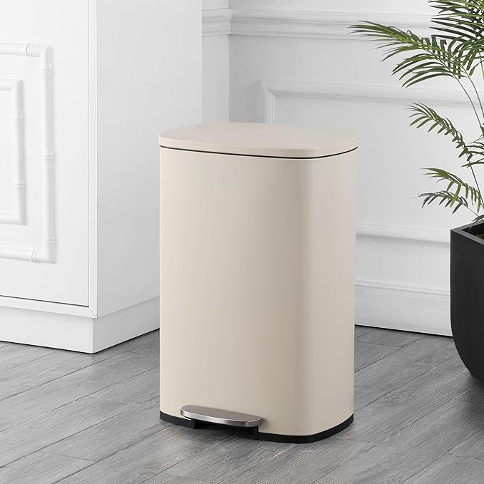 happimess HPM1006F Connor Rectangular 13-Gallon Trash Can with Soft-Close Lid and Free Mini Trash Can, Fingerprint Resistant, Modern, Minimalistic for Home, Kitchen, Office, Bathroom, Limestone Beige