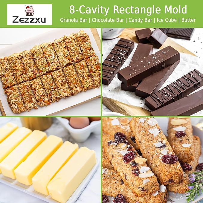 8 Cavity Granola Bar Molds, 2 Pack Rectangle Silicone Chocolate Candy Bar Molds for Baking Cereal Energy Bar, Protein Bar, Brownie, Cheesecake