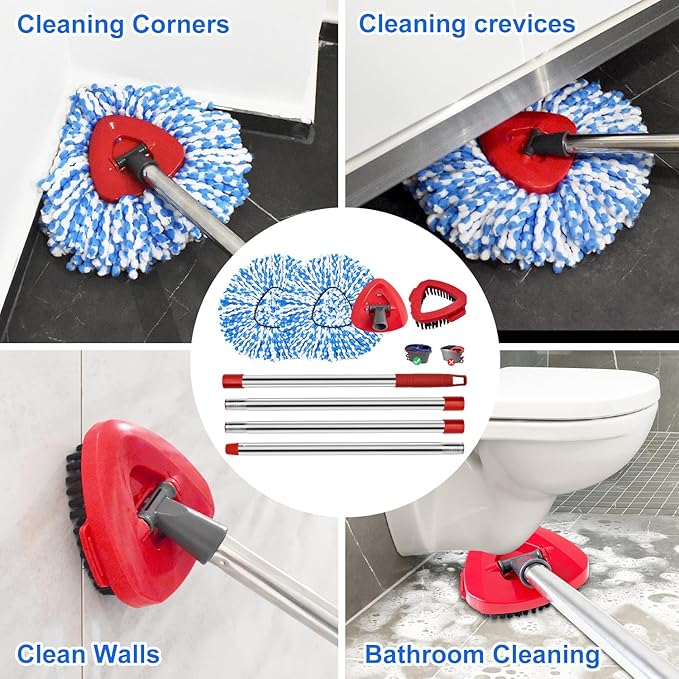 Spin Mop Handle Mop Heads and Base Replacement Sets Compatible with O Cedar EasyWring Rinseclean 2 Tank System, Flexible & Reusable(1 Sets Stainless Steel Handle & 2 Refills & 1 Base & 1 Scrub Brush)