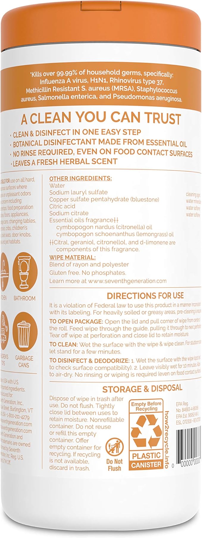 Seventh Generation Disinfecting Multi-Surface Wipes, Lemongrass Citrus Scent, 35 Wipes