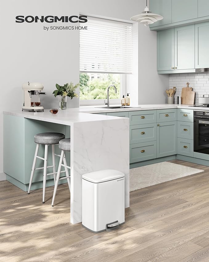 SONGMICS Trash Can, Garbage Can with Lid, 5.2-Gallon (20L) Step Trash Bin for Kitchen, Stainless Steel, Soft Close and Stays Open, Inner Bucket, Includes 15 Trash Bags, White ULTB543W01