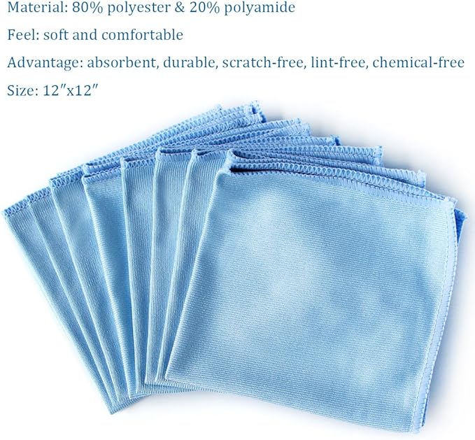 Auto Care Microfiber Glass Cleaning Cloths Towels for Windows Mirrors Windshield Computer Screen TV Tablets Dishes Camera Lenses Chemical Free Lint Free Scratch Free (12"x12", Blue, 8 Pack)