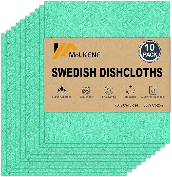 Swedish Dishcloths - 10 Pack Reusable Kitchen Dishcloths - Ultra Absorbent Dish Towels for Washing Dishes - Cellulose Sponge Cloth Cleaning Cloths - Green