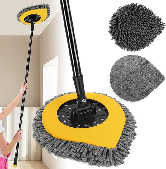 Wall Cleaner Mop with Long Handle, Wall Duster for Walls Baseboards Ceilings Floor Cleaning,Telescoping Ceiling Mops with Washable Mop Pads,Yellow