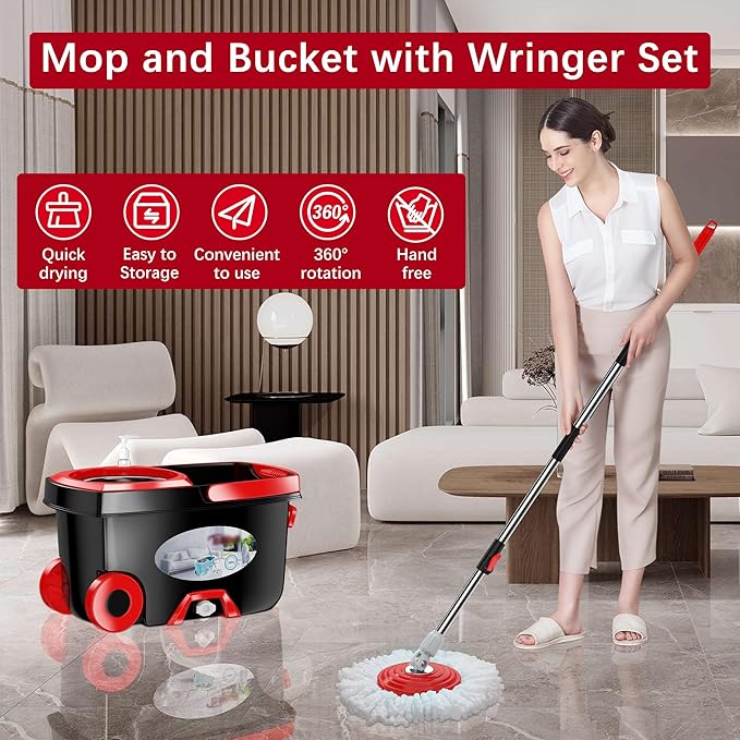 FunClean Spin Mop and Bucket,Mop and Bucket with Wringer Set for Home,360 Spinning Mopping Floor Cleaning Tool with 4 Microfiber Replacement Head Refills,61" Extended Handle, 2X Wheel - Black