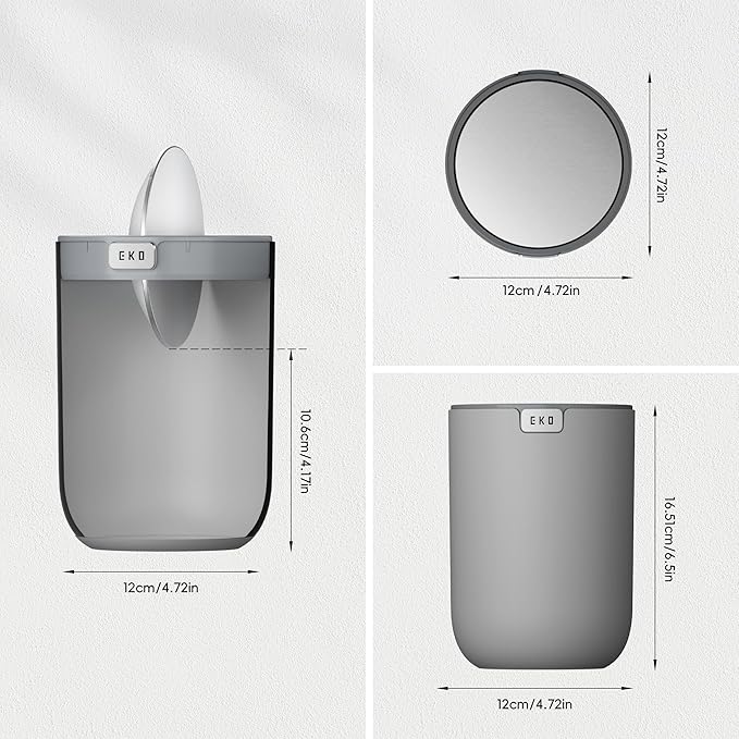 EKO Mini Desk Trash Can with Swing-Top Lid 0.4 Gallon Small Table Round Wastebasket for Office, Home, Car (Grey)