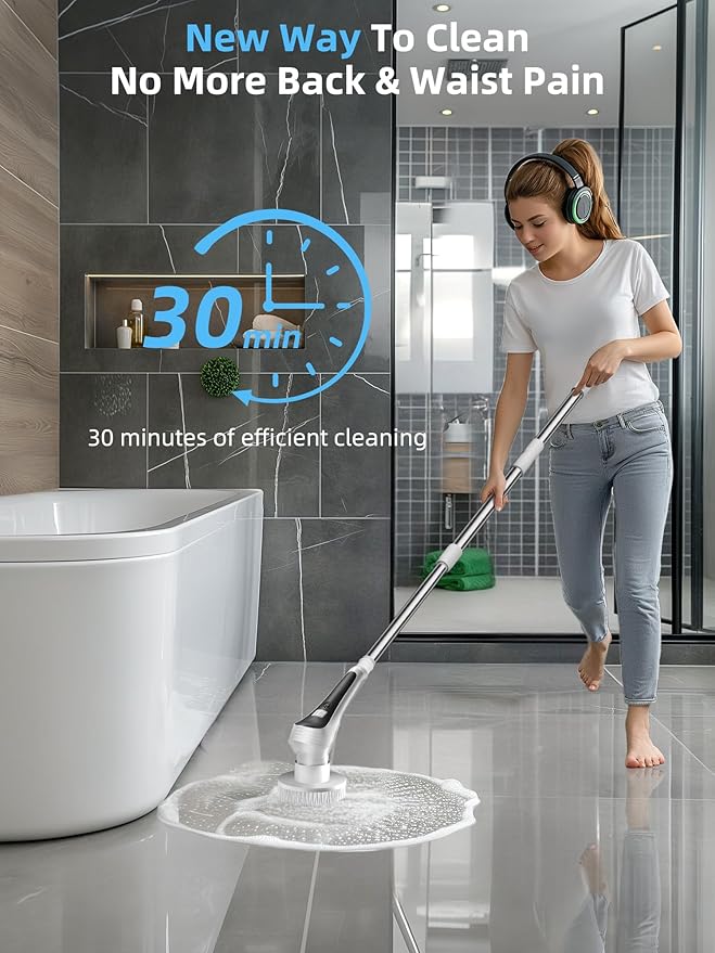 Electric Spin Scrubber,Cordless Shower Scrubber with Power Display Screen,IP68 Waterproof Bath Cleaning Brush,Adjustable Extension Handle & 2 Speeds,Electric Cleaning Brush for Bathroom,Kitchen,Tub
