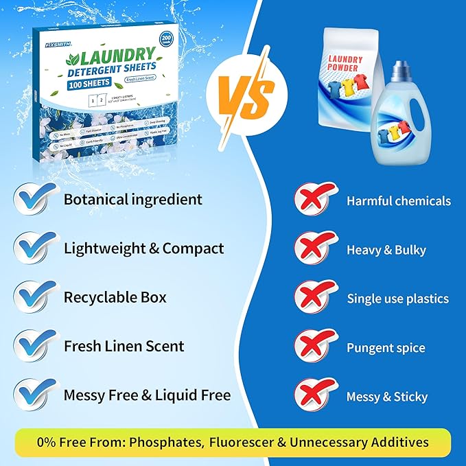 FIXSMITH Laundry Detergent Sheets - 200 Loads (100 Sheets) Fresh Linen Scent - Hypoallergenic,Eco Friendly Laundry Detergent Strips Ultra-Concentrated Travel Detergent Sheets.Plastic-Free,Liquidless