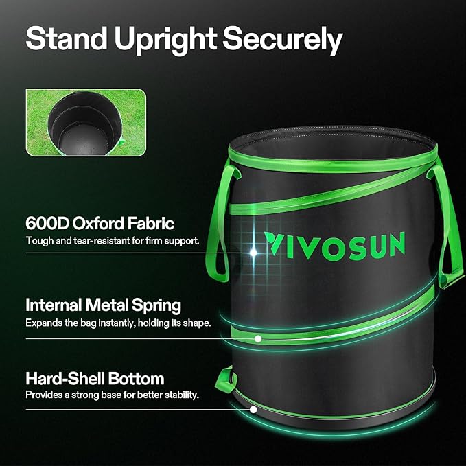VIVOSUN Collapsible Trash Can 40-Gallon, Reusable Pop-Up Garden Bag with Hard-Shell Bottom, Leaf Scoops and Gloves, Yard Waste Container for Lawn Care and Camping
