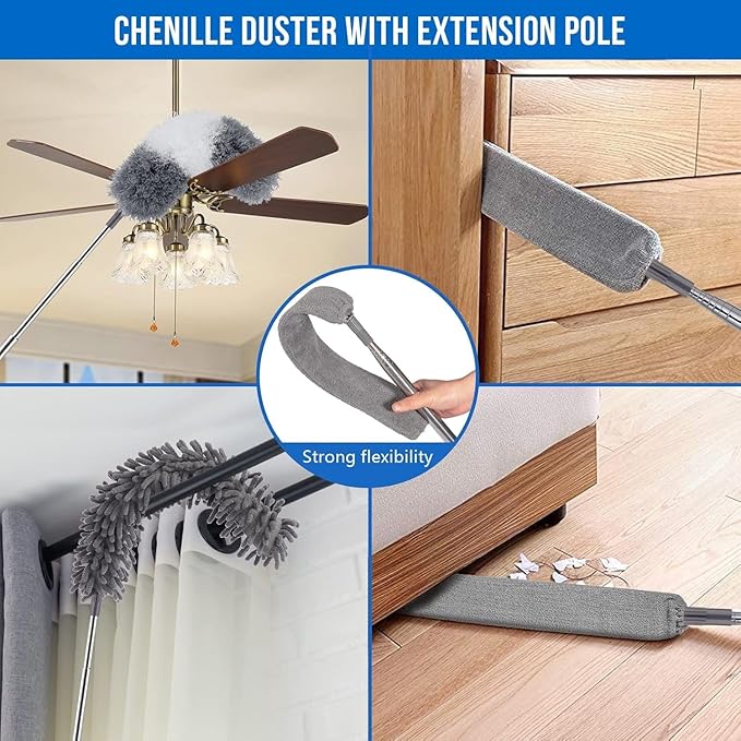 Dusters for Cleaning - 9Pcs Feather Duster Extendable Pole Up to 100'', Microfibre Feather Duster Bendable Washable Long Duster for Cleaning Ceiling Chandelier High Ceiling Furniture