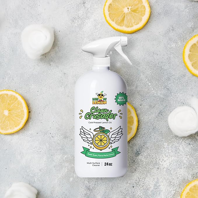 Clean Crusader 24 oz Natural Cold Pressed Lemon Oil Multipurpose Cleaner Spray for Kitchen, Bathroom, Hardwood Floors at home and office | 3 simple ingredients | Made in USA