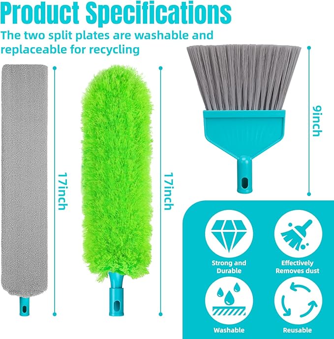 Microfiber Feather Duster 5-in-1 Kit, Dusters for Cleaning, Duster with Extension Pole 100 Inches, Cobweb Duster, Microfiber Dusters for Fans, High Ceilings, Blinds, Cars and Furniture