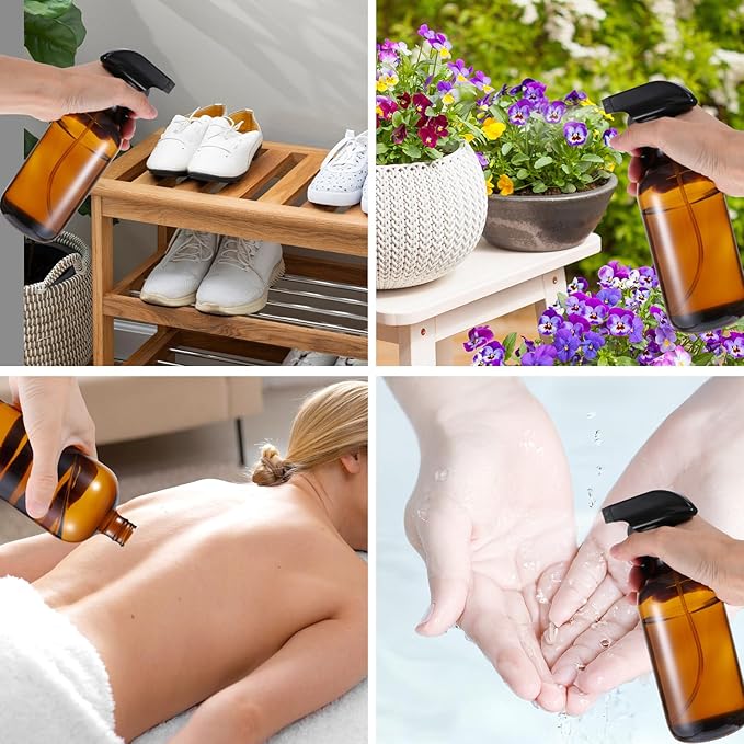 6 Pack Amber Glass Spray Bottles, Refillable 16 oz Empty Bottle with Durable Adjustable Nozzles for Cleaning Solution, Spray Bottles for Hair, Plants, Cleaner, Essential Oil