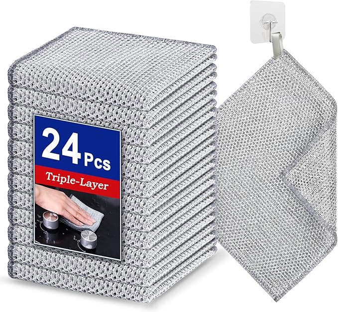 24PCS 3-Layer Non-Scratch Multipurpose Steel Wire Dishcloths - Reusable Quick-Dry Odor-Free Scrub Cloths for Dishes, Kitchen Cleaning Cloths for Cookware, Sinks, Stove Tops(7.87X7.87)