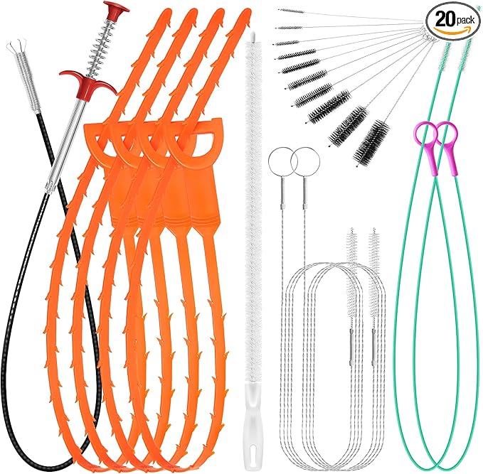20PCS Drain Clog Remover Tool Set – 59” Drain Snake (2), 37” Snake Drain Hair Removal Tool (2), 25” Plumbing Snake (4), 24” Sink Snake (1), 18” Sink Drain Cleaner Tool (1), Straw Cleaning Brushes (10)