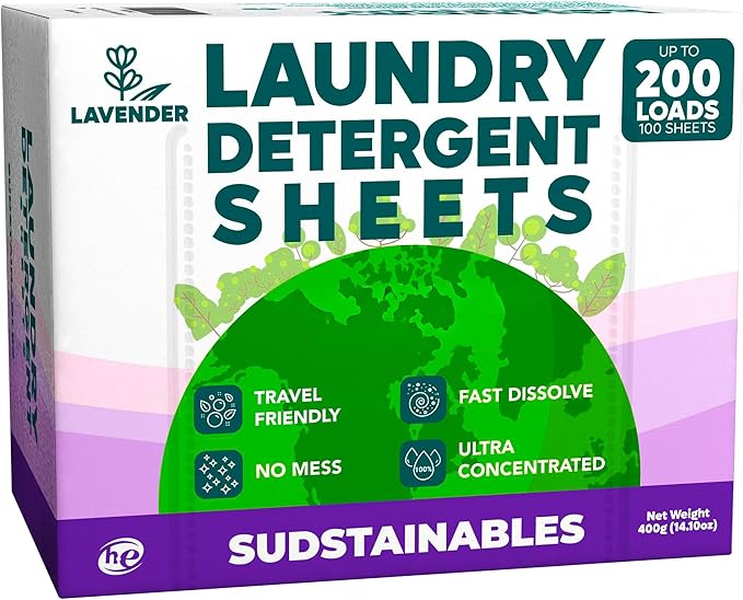 Sudstainables Laundry Detergent Sheets 200 Loads – Dissolvable Laundry Sheet for Washing Machines, Compact Alternative to Liquid & Powder Detergent, Travel-Friendly Soap | Lavender