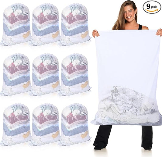 Windyun Mesh Laundry Bag, 9 Pcs 30" x 40" Heavy Duty Large Mesh Laundry Bags Drawstring Lockable Laundry Hamper Liner Machine Washable Bag for Travel Dorm Home College Storage Apartment(White)