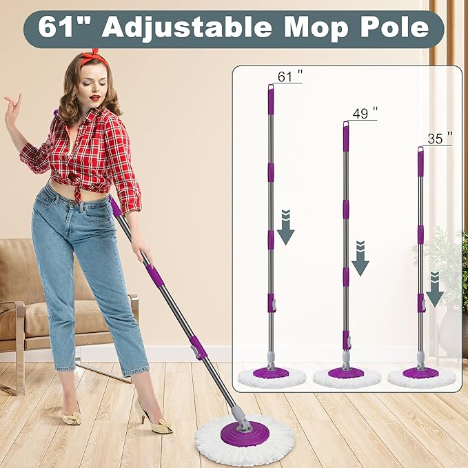 Dual Compartment Spin Mop and Bucket, Mop and Bucket with Wringer Set,360°Rotating Spinning Mopping for Floor Cleaning with 3 Microfiber Replacement Heads, 61" Extended Handle, 2X Wheel