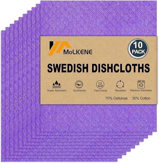 Swedish Dishcloths - 10 Pack Reusable Kitchen Dishcloths - Ultra Absorbent Dish Towels for Washing Dishes - Cellulose Sponge Cloth Cleaning Cloths - Purple