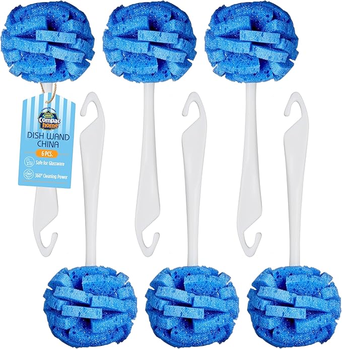 Compac Home Dish Wand China Scrubbing Sponge, Cleans Dishes and Glassware Effectively, Unique Round Ball Shape for All-Around Cleaning, Flexible Brushes are Gentle on Your Nice Dishes, 6 Count
