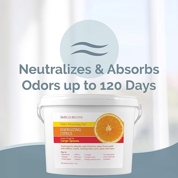 SMELLS BEGONE 1-Gallon Odor Absorber Gel - Air Freshener & Odor Eliminator for Homes, Garages & Commercial Buildings - Industrial Size - Energizing Citrus Scent