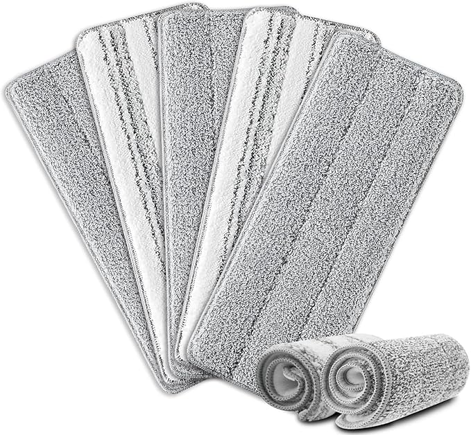 Flat Mop Pads, 5 Pack 13" X 4.9" Flat Mop Microfiber Mop Head/Refill/Pad, Washable Squeeze Cleaning Mop Pads Replacement Heads - White and Grey…