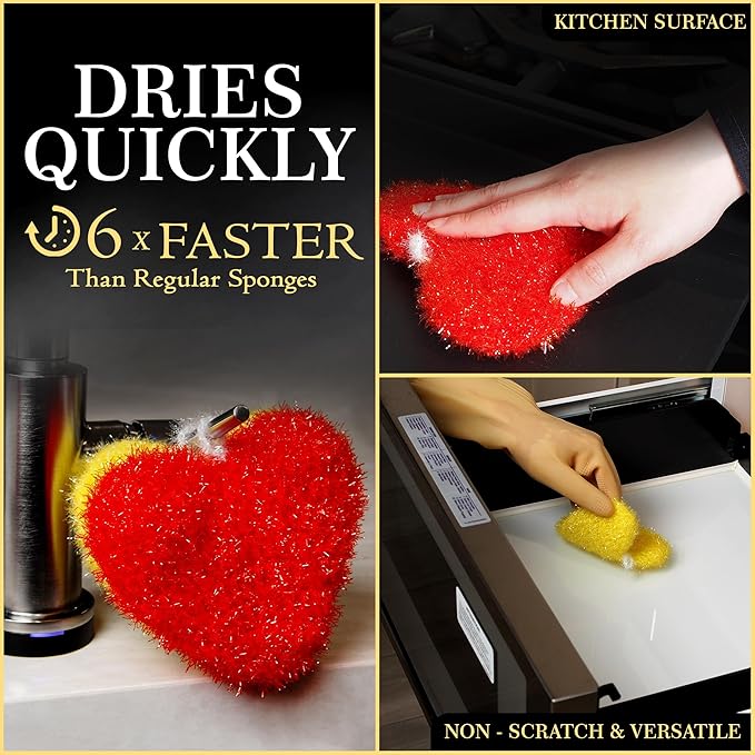 Dish Scrubber–Long Lasting, Non-Scratch, Odorless & Reusable Cookware Scrubber for Kitchen, Bathroom, and Floor–Big & Durable Alternative to Rags & Sponges, Heart Shape (3PK)