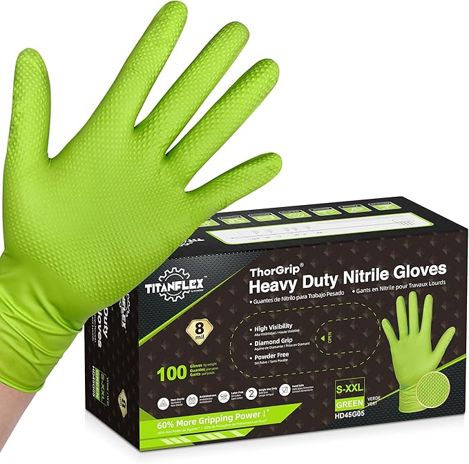 TitanFlex Heavy Duty Green Industrial Nitrile Gloves with Raised Diamond Texture, 8-mil, Latex Free, Powder Free